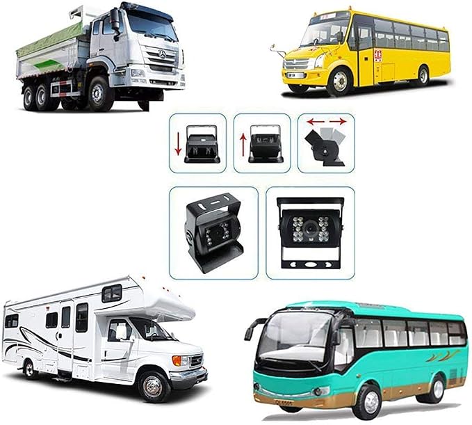 Camecho Vehicle Backup Camera 7 Inch 4 Split Monitor+ 4 Cameras with Front View, Rear View 18 IR Night Vision Waterproof Auto Camera with 2x33 ft and 2x65ft Cables for Trucks, RV, Trailer, Bus