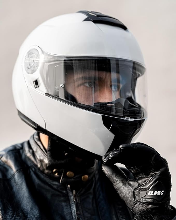 ILM Bluetooth Motorcycle Modular Helmet 2-3 Riders Intercom Flip up Full Face Helmet with Dual Visor DOT Model 159BT (White, S)