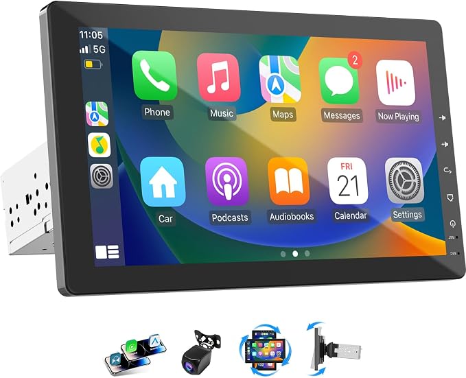 Haudio 10.1" Single Din Car Radio with Rotatable Touchscreen, Wireless CarPlay, Android Auto, Touch Screen Radio, GPS Navigation, Bluetooth, Hi-Fi Sound, Voice Control, Backup Camera