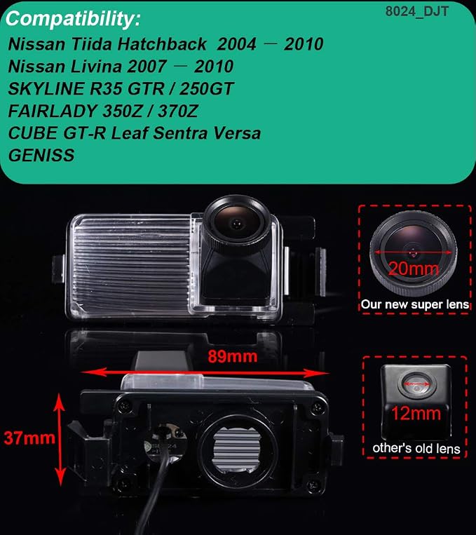 HD CCD Sensor 20mm Lens 170°Night Vision Rear View IP68 Reverse Backup Camera Compatible with Nissan Tiida Hatchback/Livina/Skyline R35 GTR/250GT/Fairlady 350Z/370Z/CUBE GT-R Leaf Sentra Versa/Geniss