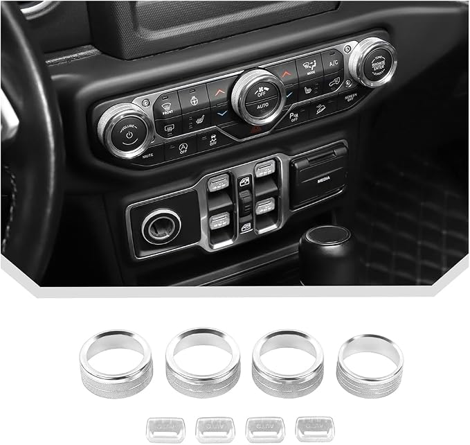 JeCar 8-Piece Aluminum Switch Button Knob Cover for 2018-2025+ Jeep Wrangler JL JLU & Gladiator JT Window Switch Button Cover, Radio, Air Conditioner, Headlight Switch Knob Cover (Silver)