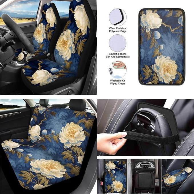 Carnation Hand Drawing 13 Pcs Seat Covers Full Set Front and Back Seat Covers Flower Art Painting Steering Wheel Cover Seatbelt Strap Cover Cup Mat Keychains