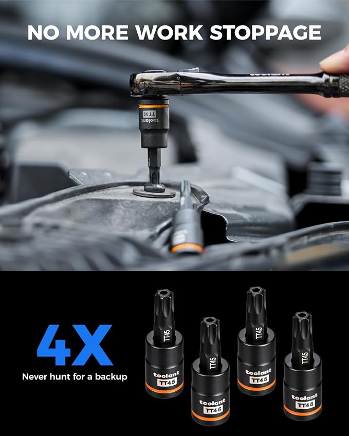 toolant Torx T45 Impact Bit Socket Set 4pcs, 3/8" S2 Steel Air Drive Star Sockets, Long High Impact Bits, Professional Mechanic & Automotive Repair Socket Set