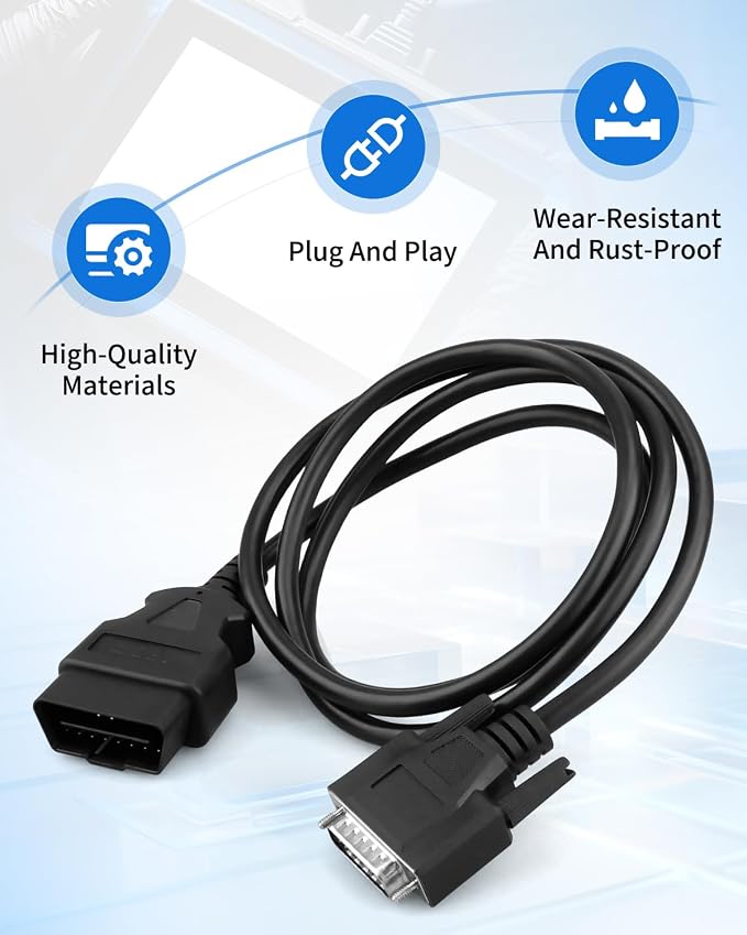 OBD2 OBDII Cable Fits for Cen-Tech Code Reader Scanner Models 60693 60694 60794 62119 62120, 15 Pin Car Male Connector to 16 Pin OBD2 Connector Cord, 4FT Cord