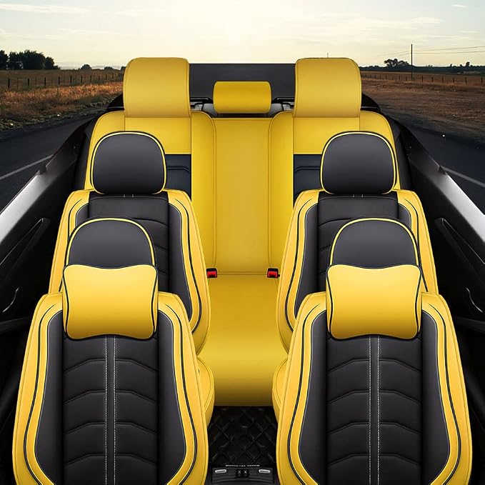 Car Seat Cover 7 Seats for Toyota Highlander 2001-2026, Durable Wear Resistant Waterproof Seat Cover, Breathable No Odor Premium Leather Vehicle Interior Accessories.(7 Luxury,Black Yellow)