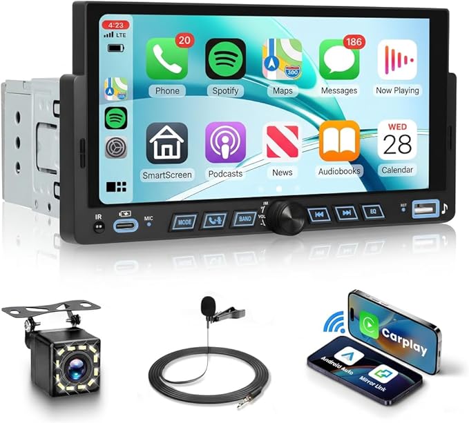 Single Din Car Stereo Wirelsss Carplay Android Auto, 1 Din Head Unit Bluetooth Backup Camera, 6.86" HD Touchscreen Radio, FM EQ USB-Type-C, Mirror Link SWC, Voice Control, Car Stereo Receivers