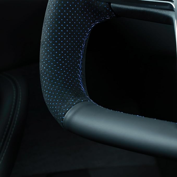 MEWANT DIY Black Genuine Leather Mesh Athsuede Blue Layer Steering Wheel Cover for Tesla Models Yoke 2021 Model X 2021