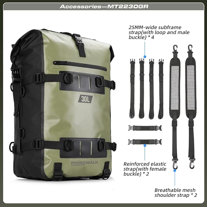 Rhinowalk Motorcycle Tail Bag Motorbike Side Bag 30L Full Waterproof Motor Saddle Pannier Bag Rear Rack Trunk Professional Motor Accessories-Green
