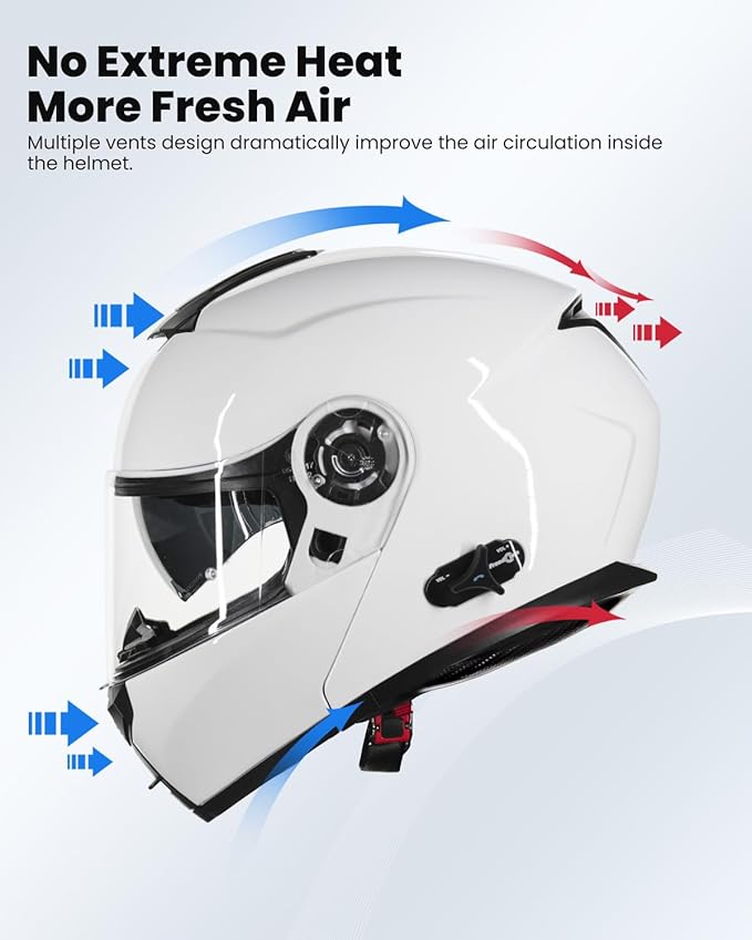ILM Bluetooth Motorcycle Modular Helmet 2-3 Riders Intercom Flip up Full Face Helmet with Dual Visor DOT Model 159BT (White, L)