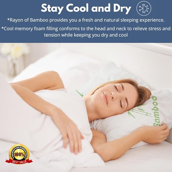 DreamField Linen Memory Foam Bamboo Pillow Queen Size - [Adjustable] for Sleeping - Cool & Breathable Cover with Zipper Rayon Derived from Bamboo - Relieves Neck Pain - Back/Stomach/Side Sleeper