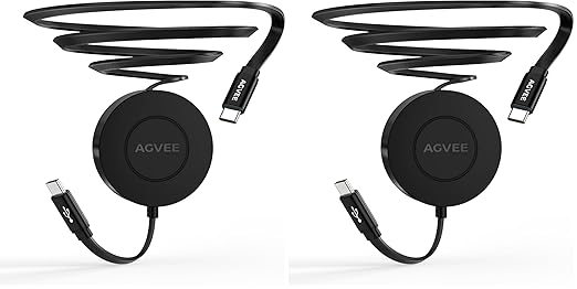 AGVEE 3ft Fixed / 2.3ft Extend USB-C to C Charger Cable Mountable One Way Retractable 60W Fast Charging Cord, Pocket-Sized for iPhone 16 15, Samsung, Android, Desk Organizer, Black (Pack of 2)