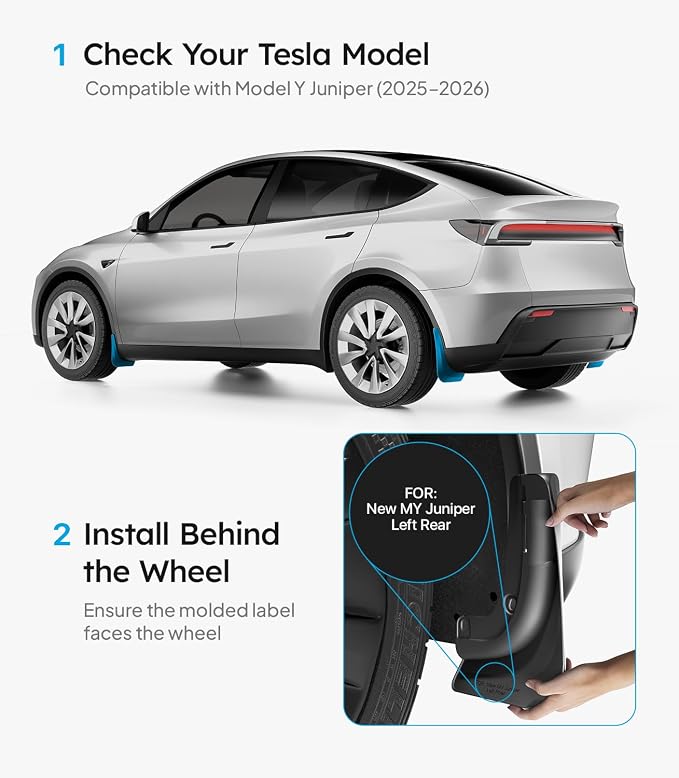 Wigoo 2026 New Tesla Model Y Juniper Accessories Mud Flaps No Drilling [Stay Clean, Protect Paint] All Weather Guards Body Kits for Tesla New Model Y 2025 2026 Juniper, Thicker Version (Set of 4)