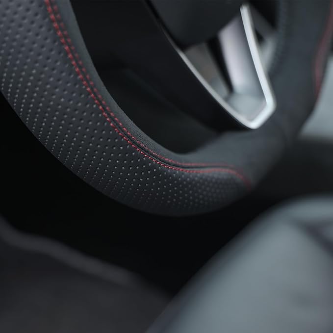 MEWANT Hand Stitched Steering Wheel Cover for 2024 2025 2026 Tesla Model 3 Highland 2025 2026 Model Y Juniper Black Suede Genuine Leather Custom Fit DIY Wrap Interior Accessories