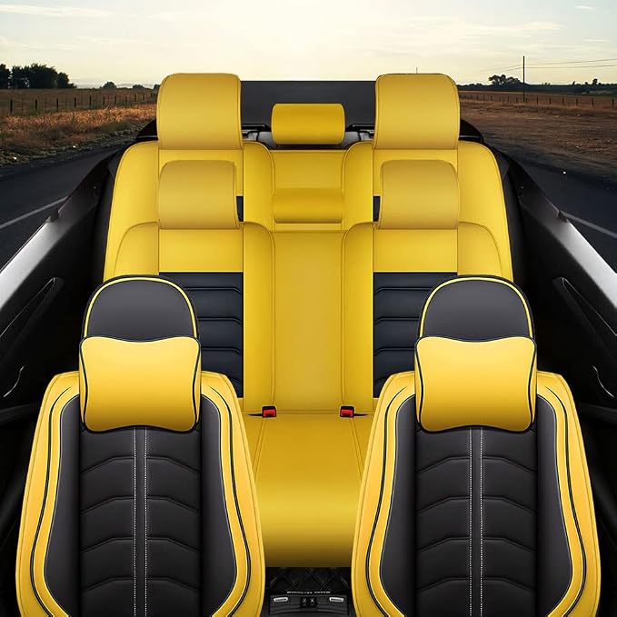 Car Seat Cover 8 Seats for Toyota Highlander 2001-2026, Durable Wear Resistant Waterproof Seat Cover, Breathable No Odor Premium Leather Vehicle Interior Accessories.(8 Luxury,Black Yellow)