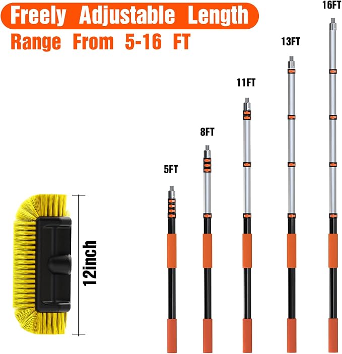 LAANPOLE 16FT Car Wash Brush with Long Handle, Car Cleaning Brush with 12 Inch Soft Bristle, Solar Panels Cleaner with Telescoping Pole for RV, Truck, Boat, House Siding