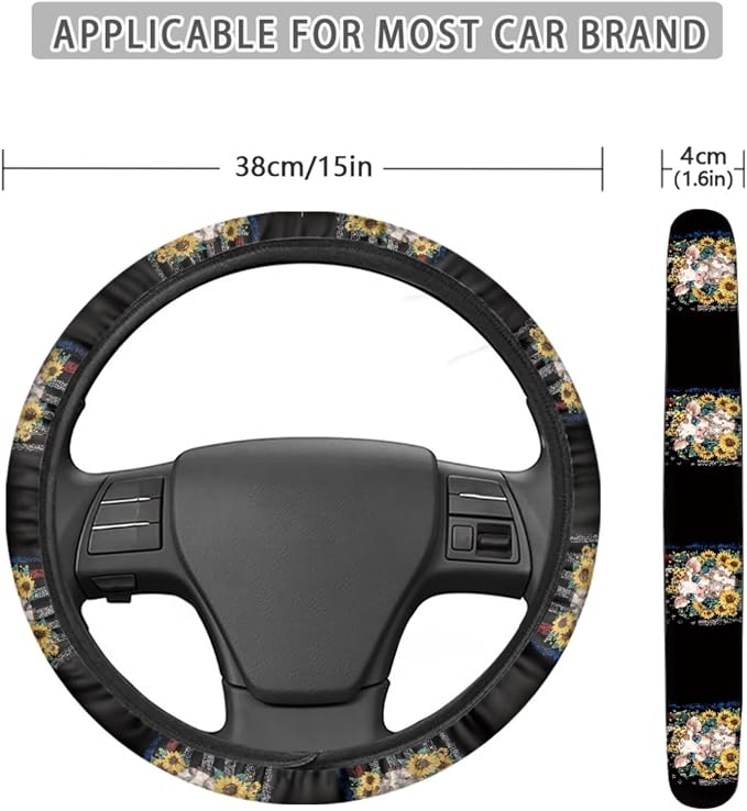 Cow Sunflower American Flag Print Car Accessories Pack of 13, Car Front and Rear Seat Covers Set of 4, 1 Steering Wheel Cover, 4 Wear Resisting Safe Belt Pad, 4 Cup Coasters for Women Men