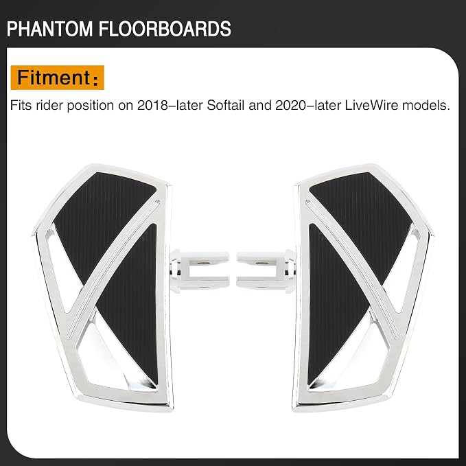 Motorcycle Floorboards Phantom Front Foot Pegs Footrest for Harley Softail 2018-2024 Fat Boy Street Bob Low Rider Sport Glide Slim Fatbob Breakout 114 (Chrome)