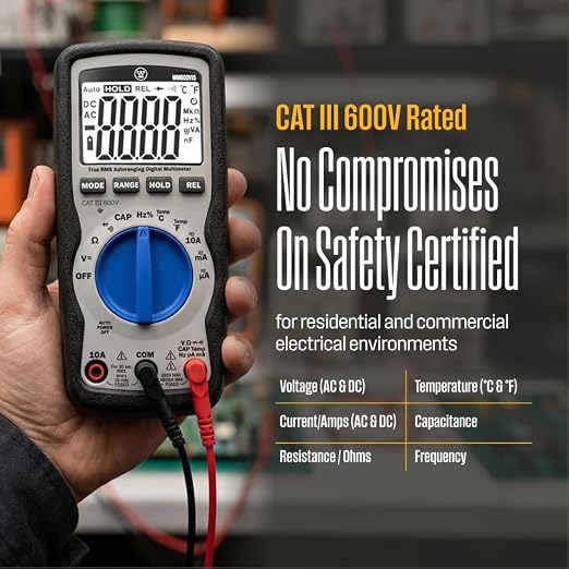 Westinghouse 600V True RMS Auto-Ranging Multimeter with Large Screen and Relative Mode; Measures Voltage Current Resistance Capacitance Frequency Temperature; Incl. Case and 2-Year Warranty.