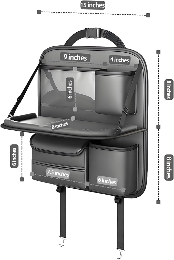 Universal Premium Leather Foldable Car Backseat Organizer with Table Tray, Seat Back Protector with Touch Screen Pad Phone Holder, Car Storage Pockets Tissue Holder with School Bags Hooks
