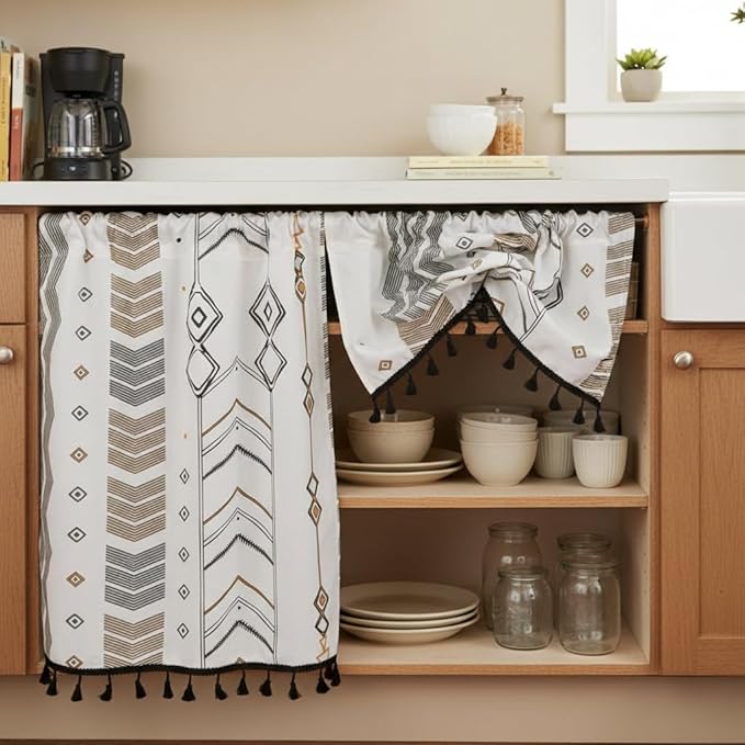 ColorBird Kitchen Window Curtains Over Sink Valance Short Boho Oven Curtain Basement Window Topper Light Filtering Rod Pocket 1 Panel for Cabinet RV (59" W x 18" L, Geometric)