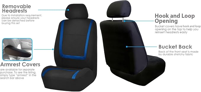FH Group Automotive Seat Covers Unique Flat Cloth Blue Full Set, Combo Steering Wheel Cover and Seat Belt Pads Rear Solid Bench Universal Fit for Vans Cars Trucks and SUV Interior Accessories