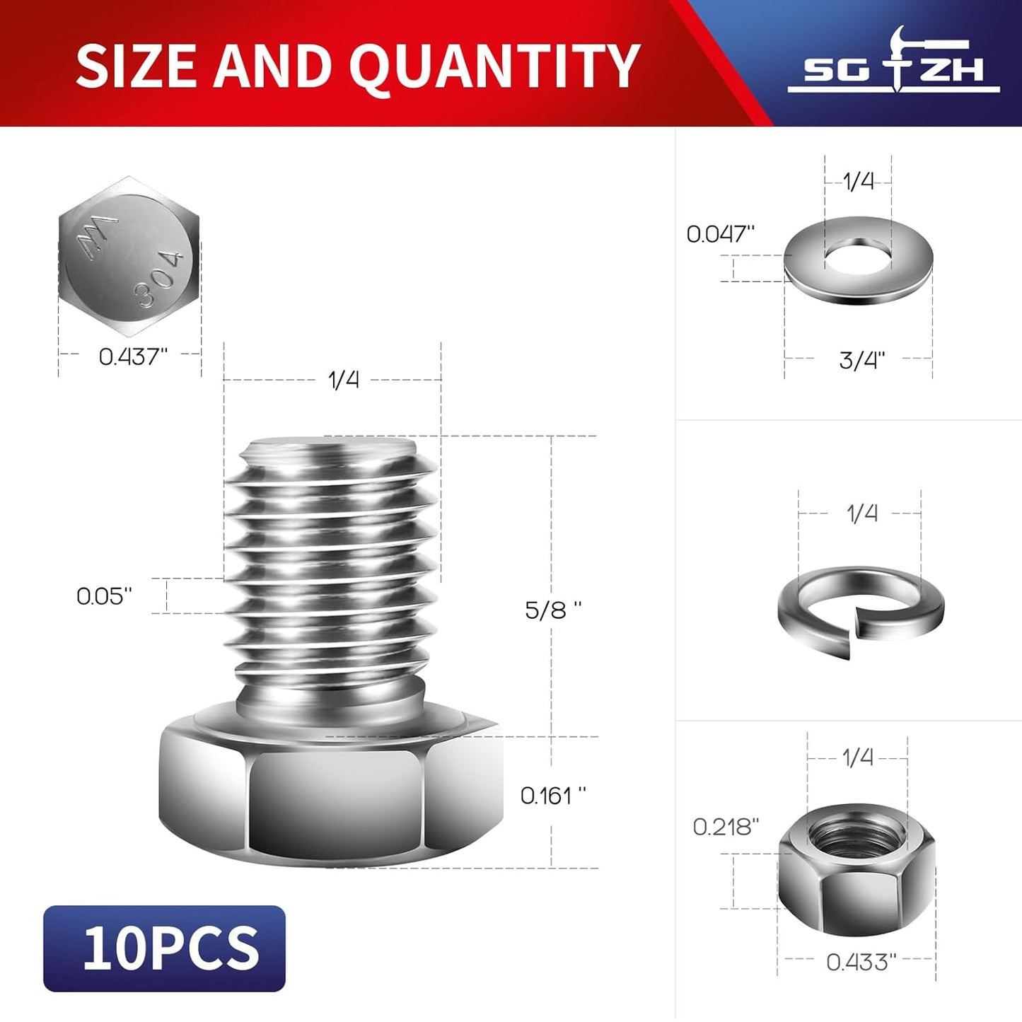 1/4-20 x 5/8" Hex Head Screw Bolt, Nuts, Flat & Lock Washers, 10Pcs 18-8 (304) Stainless Steel, Fully Threaded, by SG TZH