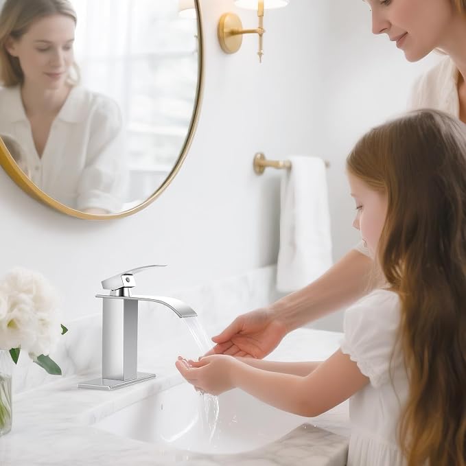 Chrome Bathroom Faucets, Waterfall Bathroom Sink Faucet Modern Single Handle Bathroom Faucte 1 or 3 Hole, RV Mixer Tap Vanity Faucet - Includes Pop-up Drain Supply Hoses Deck Plate