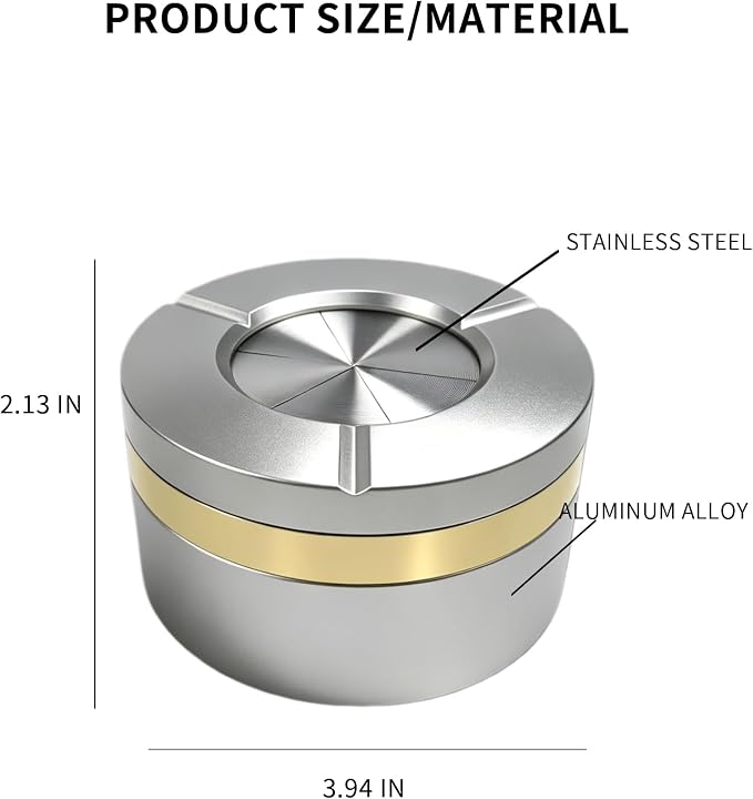 Twist to Open & Close Aluminum Ashtray, Sealed Windproof Smokeless Ashtray, Slim Desktop Holder, Keeps Ash from Blowing Away & Locks in Odor