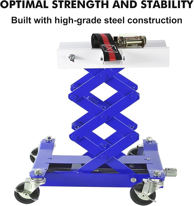 GarveeTech 450 LBS Low Profile Transmission Jack - Heavy-Duty Auto Repair Lift with 7-23 Inch Height Range, 2M Safety Straps & 4 Brake Wheels for Safe, Smooth Repairs - Blue