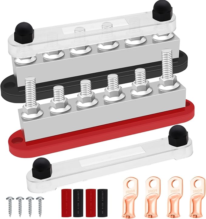 650A 12V Bus Bar Marine 12V - 48V Power Distribution Block with Cover with 6 x 3/8” (M10) Post,Battery 12V Bus Bar with 4PCS Battery Lugs and 4PCS Heat Shrink Tubing for Car Boat Marine
