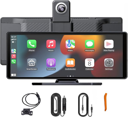 10.26 Inch Wireless Apple CarPlay & Android Auto Screen for Car with 4K Dash Cam,Ultra-Light Touchscreen, IP68 1080P Backup Camera, GPS Navigation, Voice Control, Mirror Link(No Card)