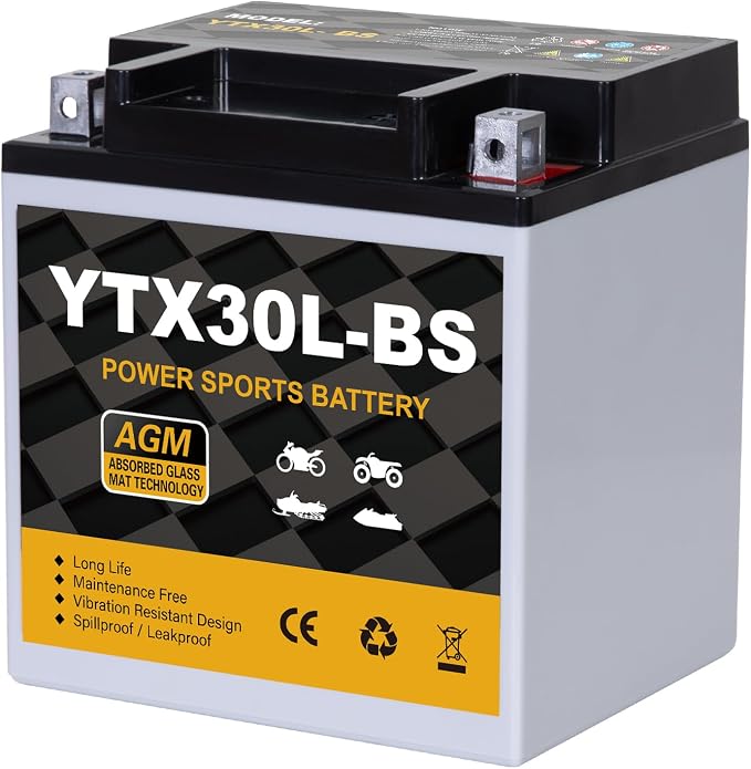 YTX30L-BS Motorcycle Battery 12V 30Ah 400CCA, Maintenance Free Sealed AGM Powersport Battery, Replacement for ATV UTV Harley, YTX30L-BS / ETX30LA / YIX30L