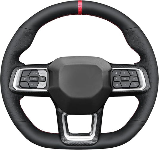 MEWANT Hand Stitch Black Smooth Hexagon Embossed Artificial Leather Steering Wheel Cover Wrap for Ford Mustang 2024