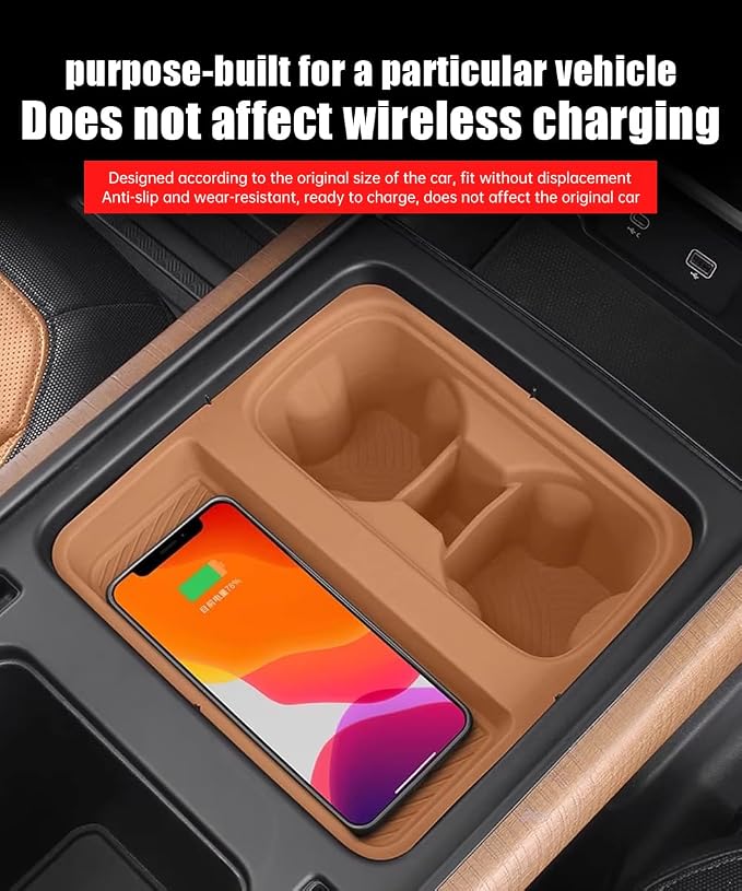 Center Console Storage Box for 2022-2024 Land Rover Defender 90 110 130 Wireless Charging Mat Cup Holder Interior Storage Silicone Mat Tuning Supplies Accessories (2022-2024 Defender (Brown))
