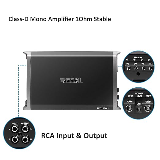 Recoil RED1200-1 2500 Watts Class D Strappable Car Audio Mono Block Subwoofer Amplifier 1 Ohm Stable, Remote Bass Knob Included