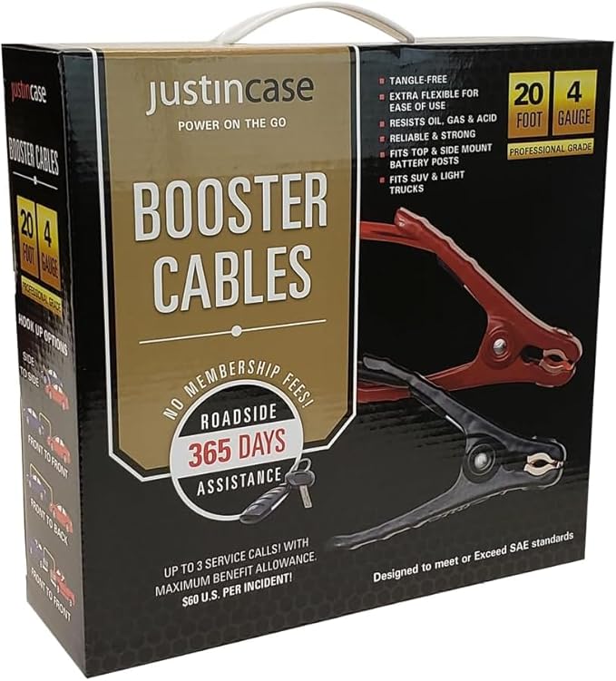 Justin Case Super Heavy-Duty Jumper Cables for Car, Includes 4 Gauge Wire Conductor 20' Car Jumper Cables & 365 Days of Roadside Assistance