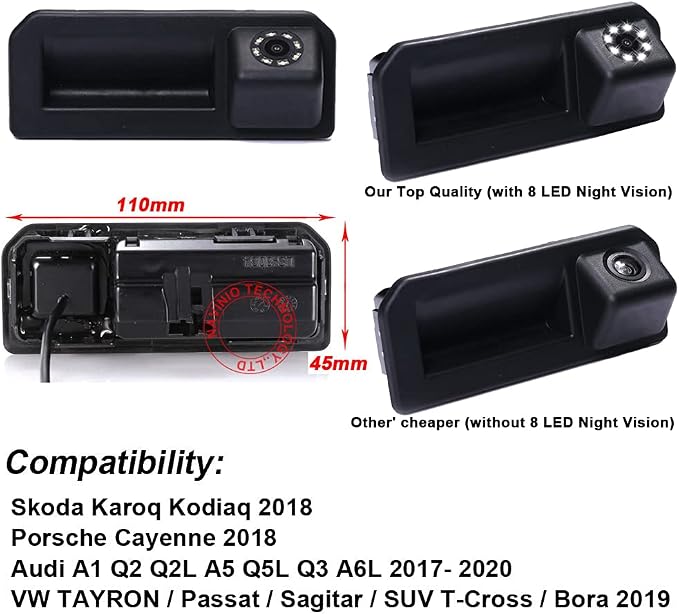 8LED 1280x720 Pixel car Rear View Backup Camera Reverse Parking Camera Replacement for Audi A1 Q2L A5 Q5L Q3 A6L VW Tayron Passat Sagitar SUV T-Cross Bora Skoda Karoq Kodiaq Cayenne