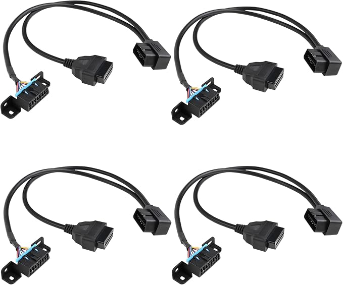 iKKEGOL Pack of 4 Right Angle Universal OBD2 OBD II 16 Pin Splitter Y Open Cable, J1962 1 Male to 2 Female Connector with Underdash Mount Bracket 50cm/20