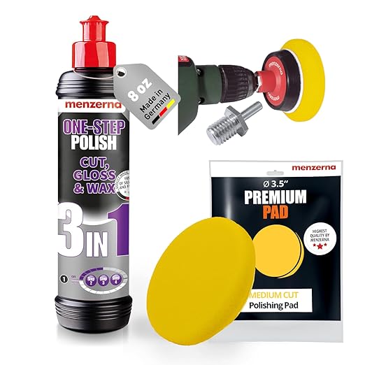 menzerna 3in1 Polishing Set – One-Step Polish (8oz) + Drill Machine Adapter + Medium Cut Pad | Polish Your Car with a Cordless Drill