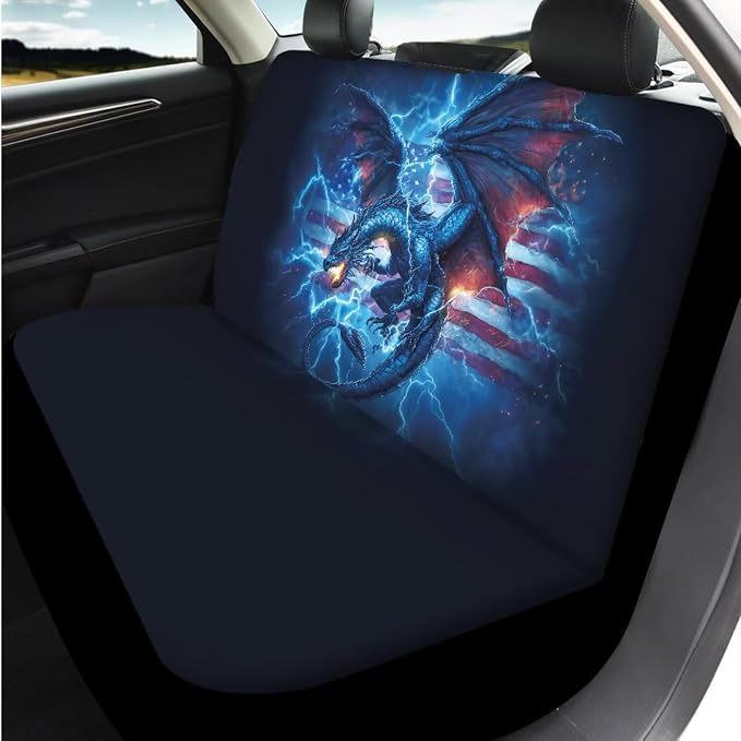 Bulopur Western Dragon Auto Seat Covers with Car Steering Wheel Cover Lightning American Flag Car Armrest Cushion Pads Headrest Covers Vehicle Seat Belt Covers Automotive Accessories for SUV Truck Van