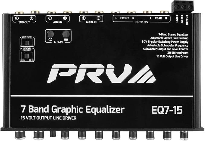 PRV AUDIO EQ7-15 7 Band Graphic Equalizer 15 Volt RCA Line-Level Output with Fader and Subwoofer Level Control for Car Audio
