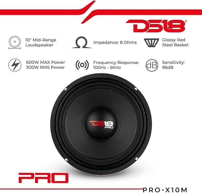 DS18 PRO-X10M Loudspeaker - 10", Midrange, Red Steel Basket, 600W Max, 300W RMS, 8 Ohms - Premium Quality Audio Door Speakers for Car or Truck Stereo Sound System (1 Speaker), Classic