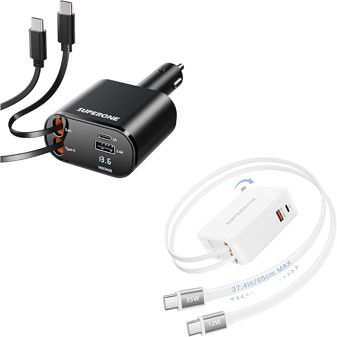 SUPERONE Retractable Car Charger & Retractable Wall Charger Plug