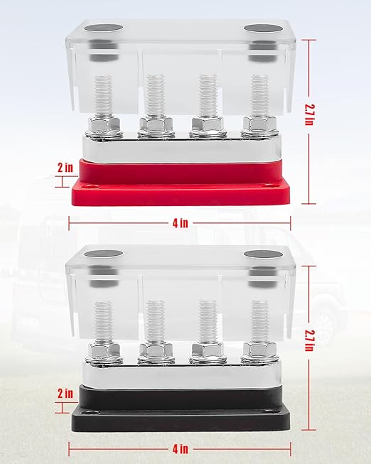 2Pcs Marine Battery Bus Bar 12-48V 600A, 4 M10 Studs (3/8") Heavy Duty Power Distribution Terminal Block, High Current Copper Busbar with Waterproof Cover, Red & Black