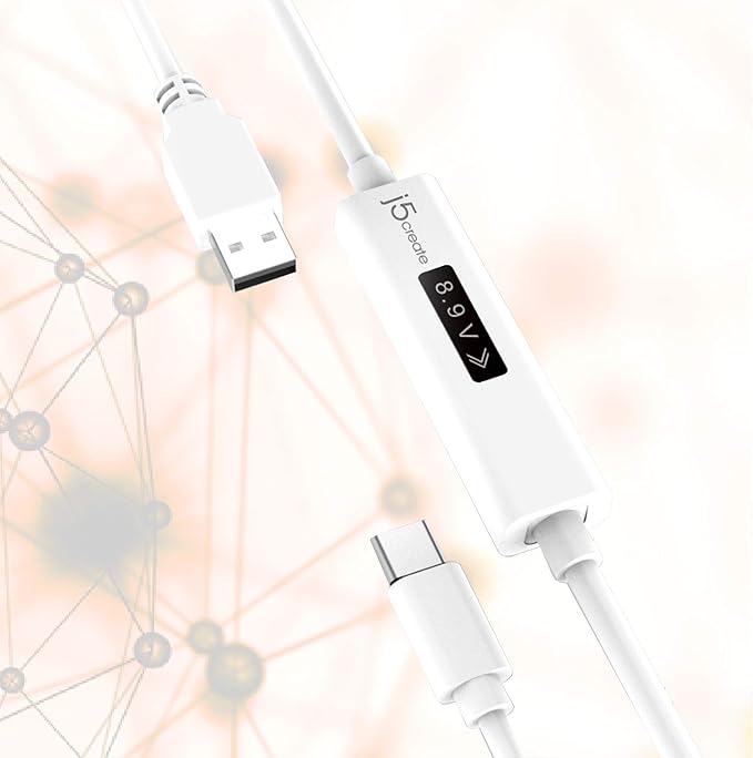 j5create USB to USB C Cable 4ft USB-A 2.0 to USB Type C with OLED Digital Dynamic Power Meter | 60W/3A/480 Mbps Max Fast Charger Cord with Power Delivery 2.0 for Cell Phone, Tablet, Game Console