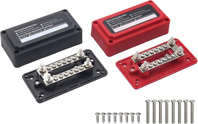 Bus Bar 12V-48V DC 100A Power Distribution Blocks Heavy Duty Module 4X 1/4" Posts+ 12x 5/32" Screws Terminals Double Rows Busbars, 100 Amp Battery Buss Bar with Cover, Red&Black 2 Pack