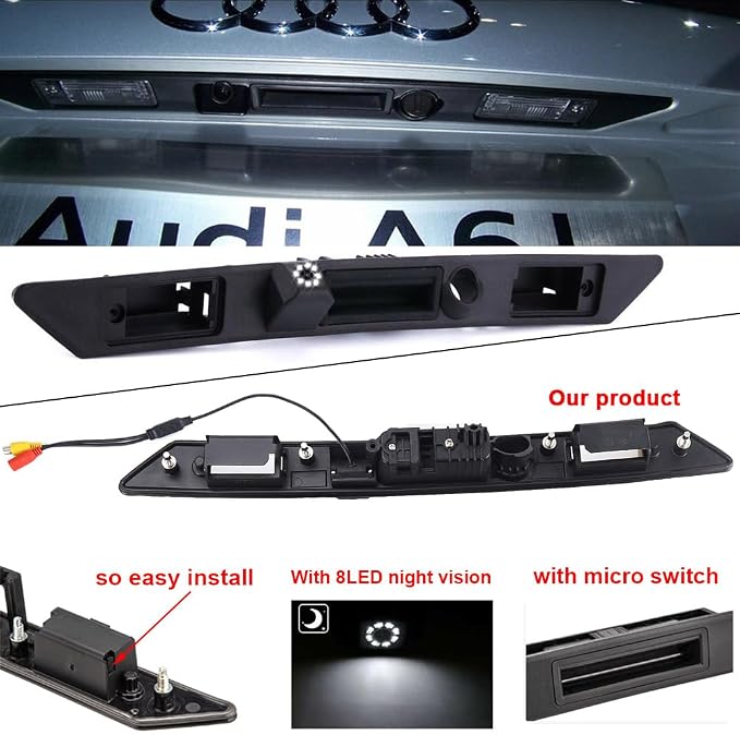 HD Auto 8LED 170° Wide Angle Rear View Reverse Trunk Handle Backup Camera Compatible with Audi A3 8P/8V 8PA S3 V6/A4 B7 S5/sedan/RS4/A5 RS5/A6 C6/A8 S8/Q7/RS3/S4/RS6/Seat Exeo 3R2/V W Plus RS (NO.A)