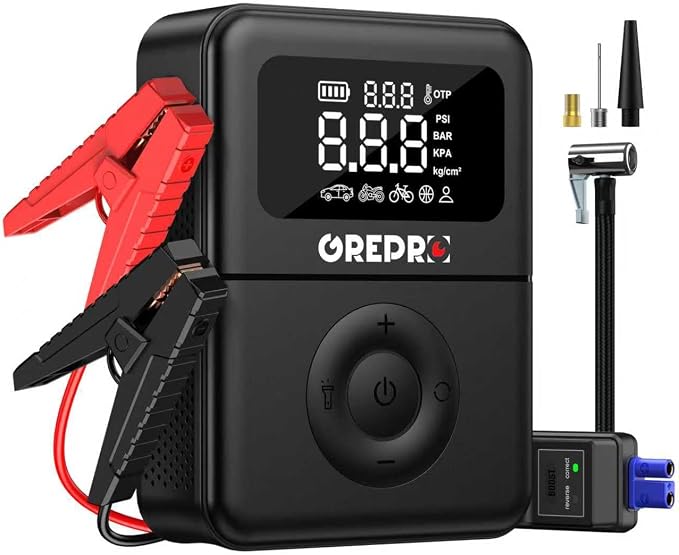 GREPRO Jump Starter with Air Compressor, 5000A Battery Jumper Starter Portable(10.0L Gas/8.0L Diesel),150PSI Tire Inflator 12V Car Battery Booster with Jumper Cables, Digital Display, LED Flashlight
