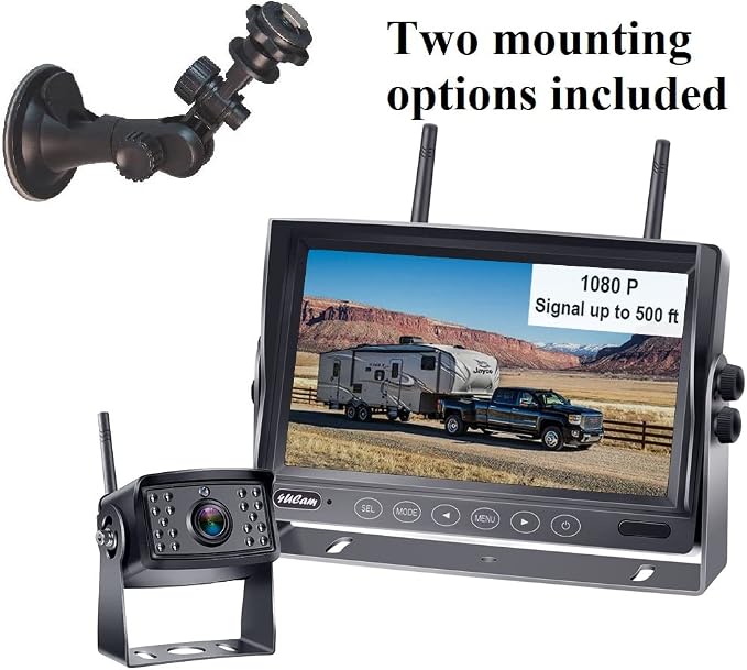 4Ucam HD 1080P Digital Wireless Backup Camera + 7" DVR Monitor Quad-View Compatible for Furrion FOS48T-BL/FOC12TA/FRCBRKT-BL Pre-Install Mounting for RV, Truck, Trailer, 5th Wheels IR Night Vision