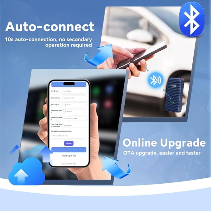 Carlinkit Wireless CarPlay Adapter for iPhone, 4.0 Adapter Convert Wired to Wireless, Support Android Auto, Voice, Music, GPS, Keys, etc. CPC200-CP2A, Blue